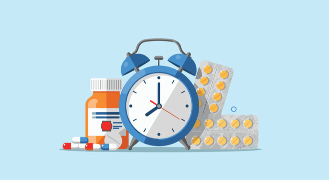 Alarm clock with medication, pills, and capsules, representing a reminder to take medicine on time for effective treatment.