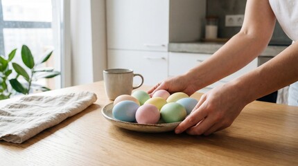 Woman placing ceramic plate with pastel colored Easter eggs on wooden kitchen table. Cozy bright kitchen interior with natural window light cup and plant. Easter celebration spring holiday and home