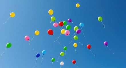 Colorful balloons floating in a clear blue sky with strings attached creating a festive and joyful atmosphere