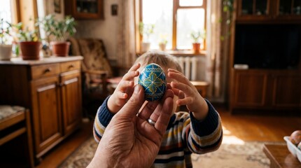 Close up of a toddler holding a hand painted Easter egg with an adult hand in a cozy home interior. Warm natural light, family moment, traditional Easter celebration and childhood curiosity.