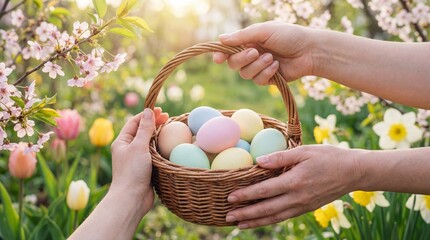 Hands holding wicker basket filled with pastel colored Easter eggs in blooming spring garden. Cherry blossoms flowers and green grass in background with warm sunlight. Easter celebration spring