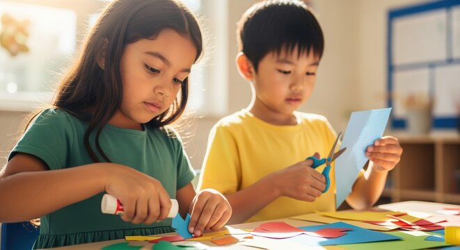 children crafting with paper and glue in bright classroom setting with sunlight streaming in