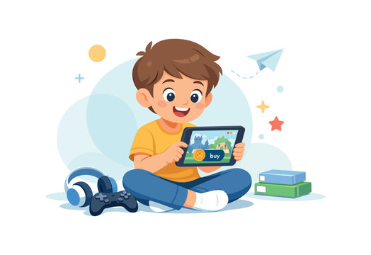 Boy playing on tablet with game controller and books, flat vector illustration