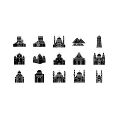 Fototapeta premium Various architectural landmarks and buildings illustrated in black on white background