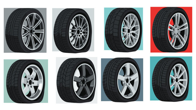 Grid of various car wheels with flat tires in different colors and rim styles illustrating car trouble or maintenance needs.
