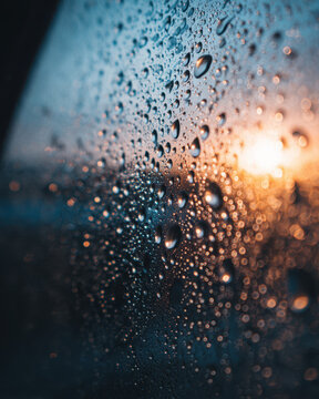 Raindrops on glass with blurred sunset light create calm and reflective mood capturing nature beauty in soft glowing scene
