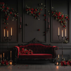 Premium Backdrop: Luxurious red velvet sofa in elegant dark room with roses and candles