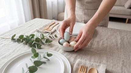 Hands arranging pastel speckled Easter eggs in a ceramic bowl on a minimalist linen table with eucalyptus branches and neutral tableware in soft natural light.