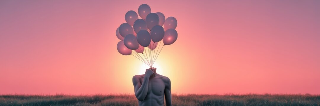 Surreal man with balloons rising from head at sunset field concept art about imagination mental health creativity and mindfulness