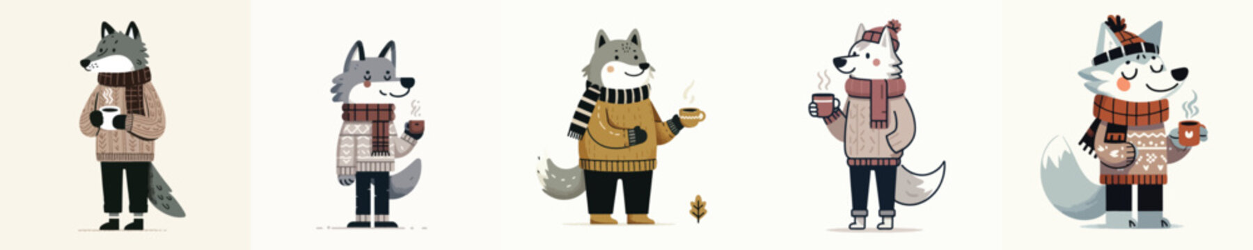 cute wolf vector winter drinking coffee