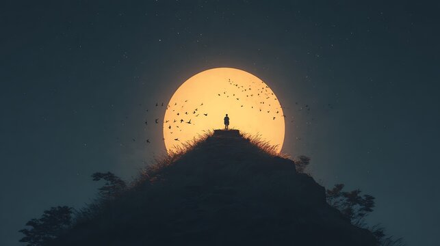 Silhouette of a person on a grassy hill against a large full moon woman figure Photo