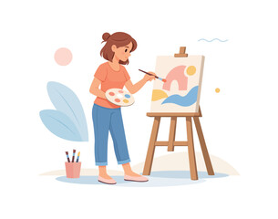 Fototapeta premium Woman painting on canvas with easel and palette, flat vector illustration