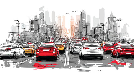 Fototapeta premium Vibrant Urban Street Scene with Multicultural Traffic Congestion in City