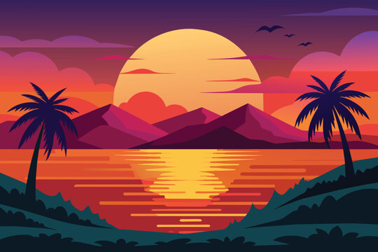 Tropical Ocean Sunset with Palm Trees and Mountains Flat Vector Illustration