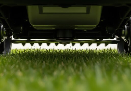 Close view of a powerful lawnmower rotating its blades and precisely shearing thick, lush green grass in a domestic garden, machine, garden, clip