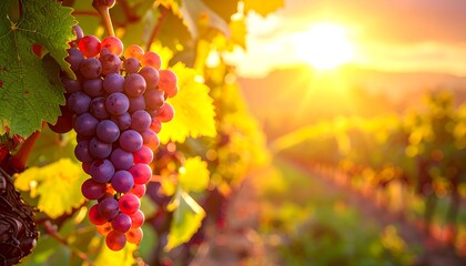 Close-up of ripe red grapes on the vine at sunset.