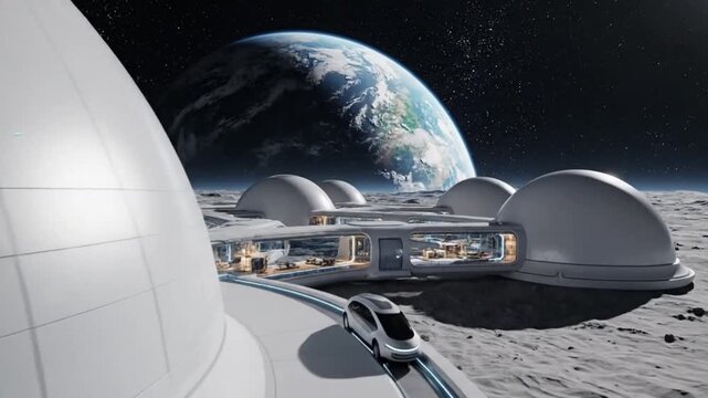 Futuristic Lunar Colony With Earth View and Advanced Transport System