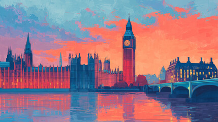 Fototapeta premium London Cityscape at Sunset with Big Ben and Westminster Reflections