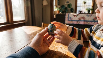 Close up view of a small child holding a traditional decorated Easter egg while an adult gently offers it across a wooden table. Warm natural sunlight fills a cozy home interior, creating a nostalgic