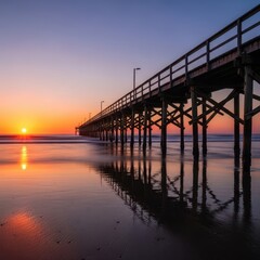 Fototapeta premium Long wooden pier structure extending over the calm ocean water at sunrise, casting a shadow onto the wet sand of the tranquil coastline, beautiful, vacation, reflection