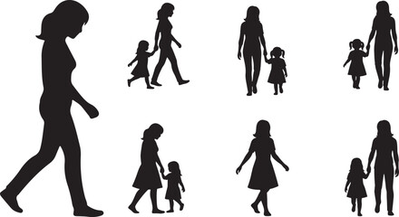 Fototapeta premium Various silhouettes of people walking together in different family group configurations isolated on transparent background