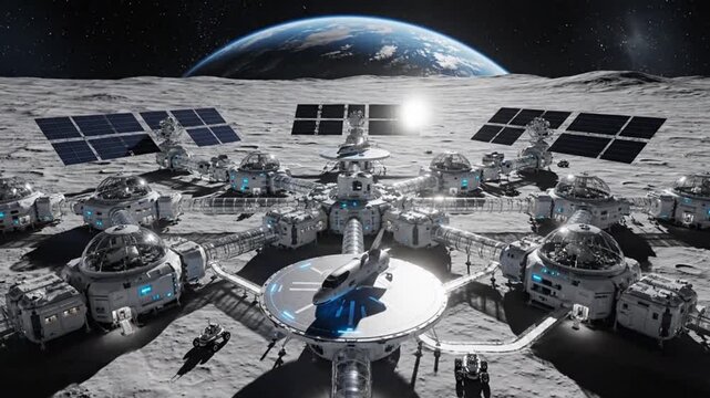 Futuristic lunar base with advanced technology, a thriving space colony on the moon's surface, Earth visible in the cosmic distance