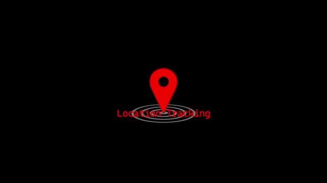 A glowing red location finder pin icon with radio wave signal rings symbolizing real-time location tracking, wireless positioning, and digital map technology on black background.
