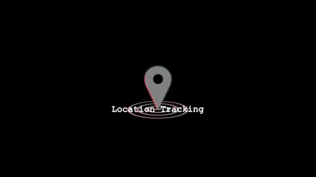 A glowing red geolocation pin icon with radio wave signal rings symbolizing real-time location tracking, wireless positioning, and digital map technology on black background.