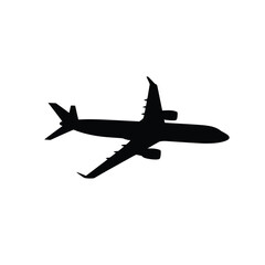 Silhouetted airplane against a stark white background appearing in flight