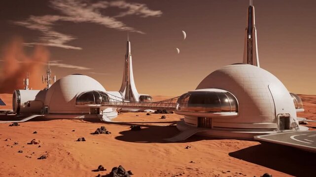 Futuristic Mars colony with domed habitats and tall structures under a reddish sky on the planet's surface