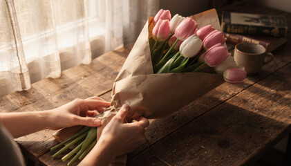 Woman holding fresh bouquet of pink and white tulips wrapped in brown kraft paper. Cozy home interior with wooden table books and soft natural window light. Spring flowers floral gift and romantic