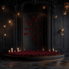 Premium Backdrop: Luxurious black display with red roses and candles for romantic celebration
