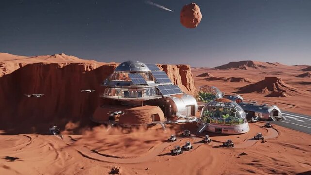 Futuristic human settlement establishing a thriving presence on the arid Martian landscape beneath a distant asteroid