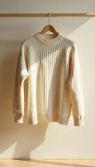 Creamy beige knitwear hangs on pale wood in a simple, stylish wardrobe setup , organization, clean, display