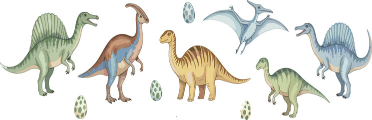 Fototapeta premium Cute cartoon dinosaur species set with flying pterosaur and eggs in flat vector illustration style isolated on white