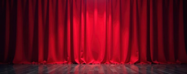 Crimson curtain sweeps back, spotlighting empty stage, theater, dark