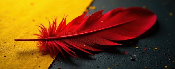 Crimson feather, yellow base, dark rough texture, bright, quill