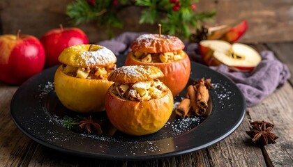 Delicious Baked Apples with Cinnamon and Nuts on a Rustic Plate.