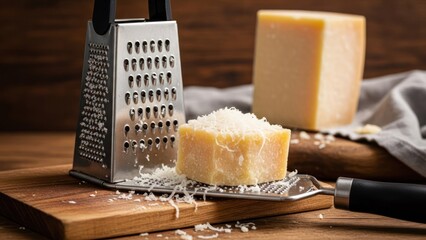 Grater and hard cheese with shavings on wooden surface, soft background