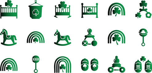 Naklejka premium St Patricks Day baby icons set with green symbols of child nursery and kids items shamrocks rainbows rocking horse toys