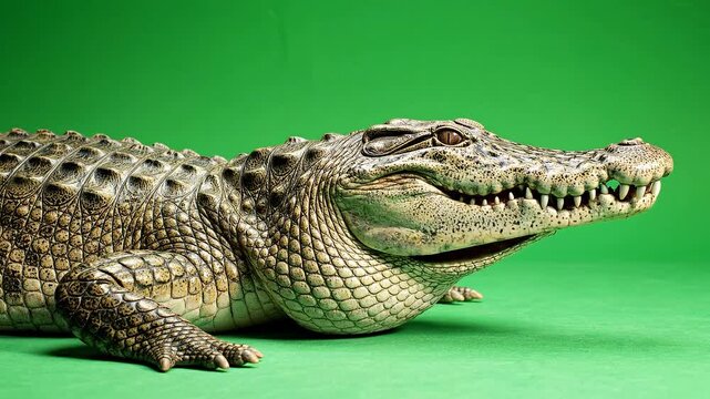Close up portrait of an american alligator against a vibrant green backdrop