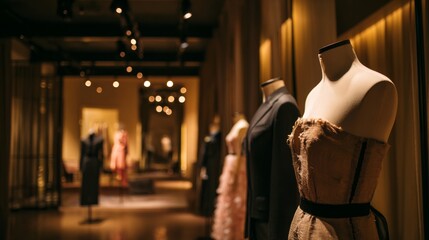 Fototapeta premium Elegant Fashion Retail Showroom Display with Mannequins and Atmospheric Lighting