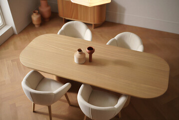 Obraz premium Modern minimalist dining room interior with wooden table and white chairs and vases on table top view