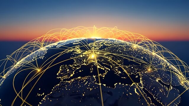 A glowing globe at sunset with illuminated city connections