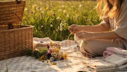 Woman tying small wildflower bouquet with string while sitting on picnic blanket. Summer meadow scene with wicker picnic basket grass and warm golden sunlight. Natural lifestyle slow living and