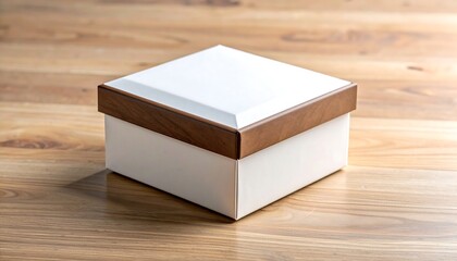 Minimalist Wooden Box with White Lid on Textured Wood Surface.