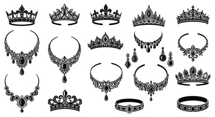 Collection of ornate black crowns and jewelry on white background royalty symbols decorative accessories © Somiran