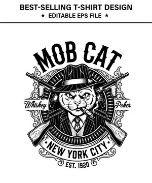 Vintagestyle  t-shirt design graphic design of a cat in a suit and hat smoking a cigar with guns and whiskey isolated on transparent background