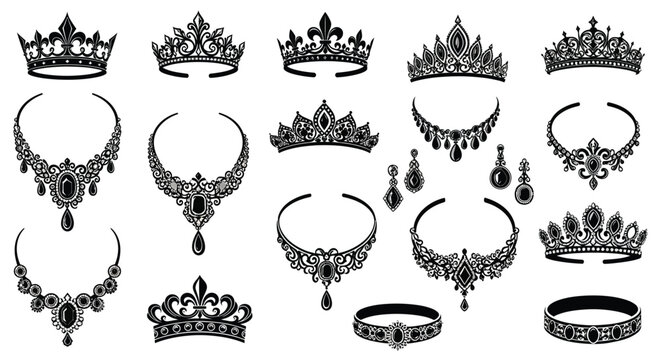 Collection of ornate black crowns and jewelry on white background royalty symbols decorative accessories