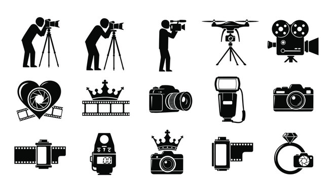 Collection of black icons representing photography and filmmaking equipment including cameras tripods drones and film strips on a white background symbolizing creativity and media